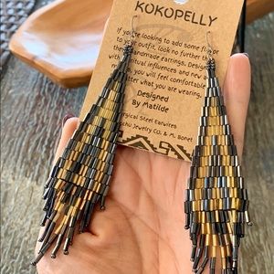 Beautiful KOKOPELLY Long Beaded Earrings. Sparkly Black and Gold.